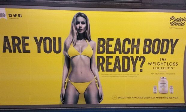 A picture of a lady in a yellow bikini saying Are you beach body ready? Protein World - Crisis Management PR