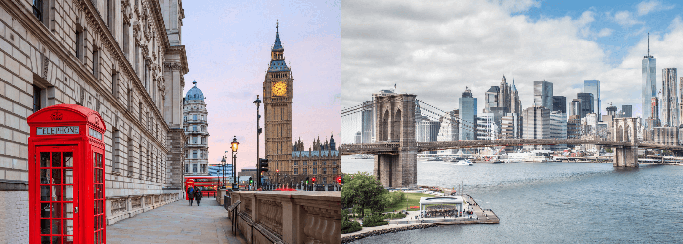 London red telephone box and the New York skyline