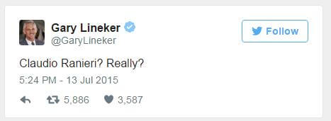 Gary Lineker reacts to Ranieri's appointment on Twitter