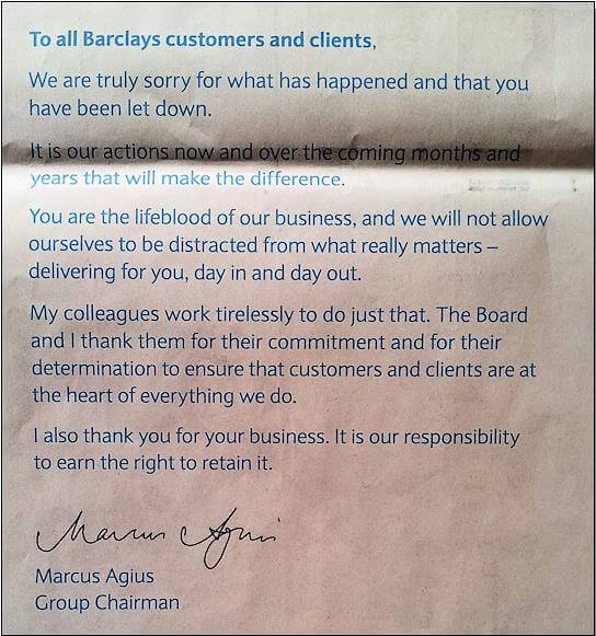 Barclays Apology to customers and clients from Group Chairman - Business PR The PHA Group