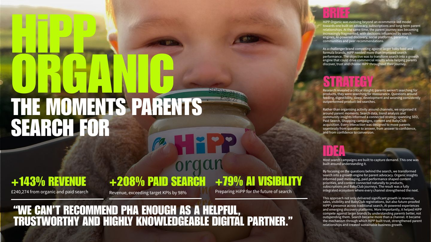 PHA shortlisted at the UK Search Awards for integrated search campaign with HiPP Organic - The PHA Group
